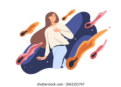 Person with stress, anxiety, tension and panic attacks from bad luck and adversities. Psychology concept of problems pressure and life crisis. Flat vector illustration isolated on white background