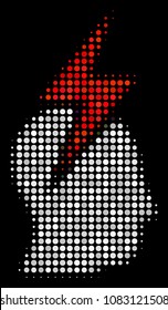 Person stress strike halftone vector icon. Illustration style is dotted iconic person stress strike symbol on a black background. Halftone structure is constructed of circle pixels.