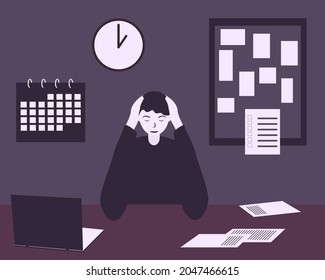 Person stressed while working on laptop. Headache and stress at workplace Hard work and deadline Vector illustration