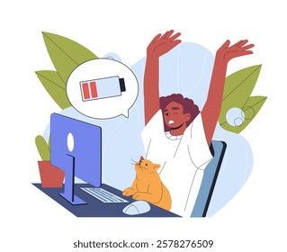 Person stretching in front of a computer, with a cat beside them and a low battery icon in a speech bubble. Bright colors, modern vector style, productivity concept. Vector illustration.