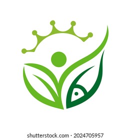 A person stretching hands, with a leaf and a fish under each hand, signifying human protection of nature.