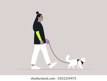 Uma pessoa passeia confiantemente com um gato branco macio em uma coleira, exibindo um vínculo único em um ambiente tranquilo e minimalista adornado em cores pastel suaves