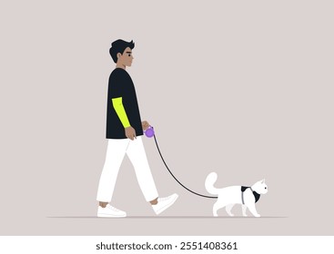 Una persona pasea confiadamente con un gato blanco esponjoso con una correa, mostrando un vínculo único en un ambiente tranquilo y minimalista adornado con suaves colores pastel