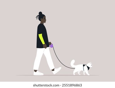 Una persona pasea confiadamente con un gato blanco esponjoso con una correa, mostrando un vínculo único en un ambiente tranquilo y minimalista adornado con suaves colores pastel