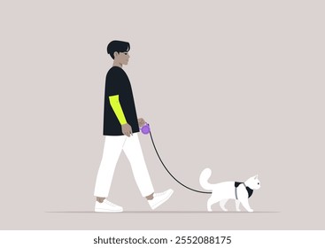 Una persona pasea confiadamente con un gato blanco esponjoso con una correa, mostrando un vínculo único en un ambiente tranquilo y minimalista adornado con suaves colores pastel