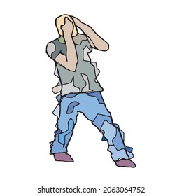 Person with a strong headache hand drawn colorful outline illustration. Scribbled adult human holding his head with both hands, suffering, full body pen drawing sign. Man standing with his hands up.