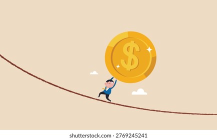 A person struggles to maintain balance while carrying a heavy gold coin on a thin rope symbolizing financial challenges and precarious economic situations