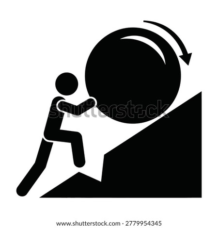A person struggling to push a large heavy ball up a steep hill, symbolizing hard work and determination.