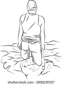 A Person Stuck In Deep Mud And Trying To Escape Doodle Style Line Art Vector Illustration