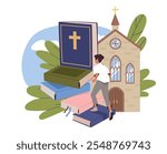 Person studies religion. Man near church climbs through books to Bible. Faith and believe. Catholicism, Christianity and Protestantism. Flat vector illustration isolated on white background