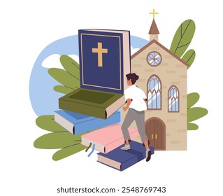 Pessoa estuda religião. Homem perto da igreja sobe através de livros para a Bíblia. Fé e credo. Catolicismo, Cristianismo e Protestantismo. Ilustração de vetor plano isolada no plano de fundo branco