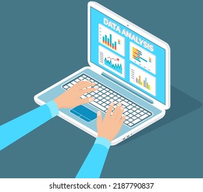 Person studies statistics shown on bar chart. Analyze graphs and charts concept. Manager is working with data using computer. Analyst while working with statistical graph. Indicators on diagram