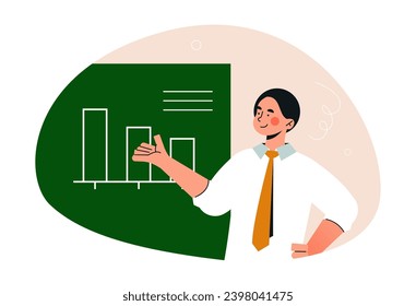 Person study concept. Man near green blackboard with graphs and diagrams. Education, learning and training, studying. Teacher at lesson. Cartoon flat vector illustration isolated on white background