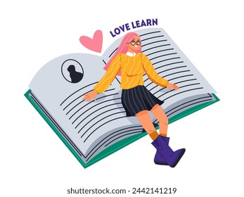 Person study and learn. Happy young girl reads books and gains knowledge. University student enjoys literature. Education or hobby. Cartoon flat vector illustration isolated on white background