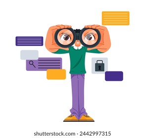 Person study and learn. Man with binoculars studies programming languages in online course. Developer and Coder. Education and knowledge. Cartoon flat vector illustration isolated on white background