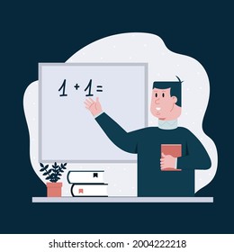 A person is studying at the blackboard with a book. The concept of an online school, back to school, teacher or coach. Illustration of people, students and teachers in a flat style. Vector illustratio
