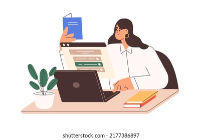 Person studying, choosing answer to online question in test. Woman passing distant internet exam. Elearning, digital education concept. Flat graphic vector illustration isolated on white background