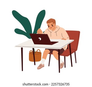 Person studying at laptop. Happy excited teenager at computer. Young guy, freelancer works online, sitting at table, surfing internet at PC. Flat vector illustration isolated on white background