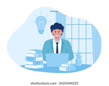 A person studying with a laptop and a stack of books trending concept flat illustration
