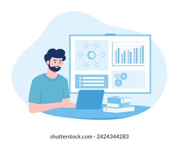 A person studying with a laptop and a stack of books trending concept flat illustration