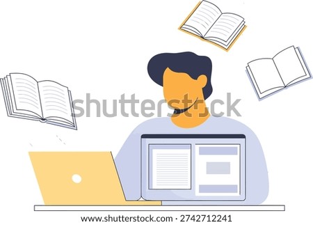 A person studying with a laptop and surrounded by floating open books.