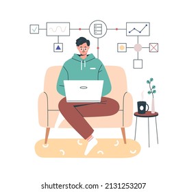 Person Studying Programming, Engineering Online At Home. Student Developing Software At Laptop Computer At Internet Course. Programmer At Work. Flat Vector Illustration Isolated On White Background