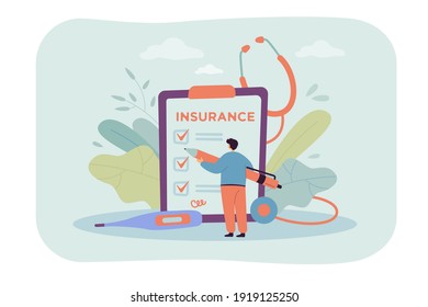 Person studying terms and signing health insurance agreement. Tiny man with pen, big checklist, stethoscope and thermometer. Vector illustration for medical service, health protection concept