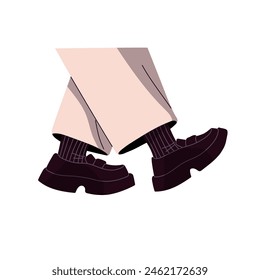 Person with stylish loafers on his feet steps. Fashion black slip on shoes on legs. Leather moccasins in business style. Trendy classical boots. Flat isolated vector illustration on white background