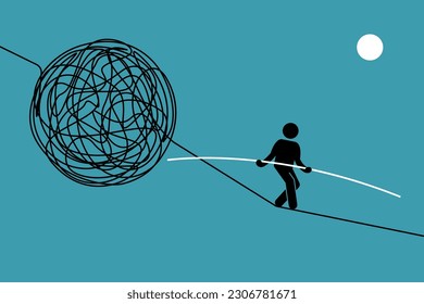 Person successfully walk over a chaotic and dangerous tightrope challenge. Vector illustrations clip art depicts concept of effort, success, daring, risk, difficult, and balance.