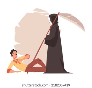 Person suffering from fear of death. Man afraid to die and has thanatophobia or anxiety of dying, flat vector illustration isolated on white background.