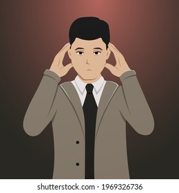 A person suffering from a headache. Vector illustration of a sad man holding his head with his hands. Upset guy.