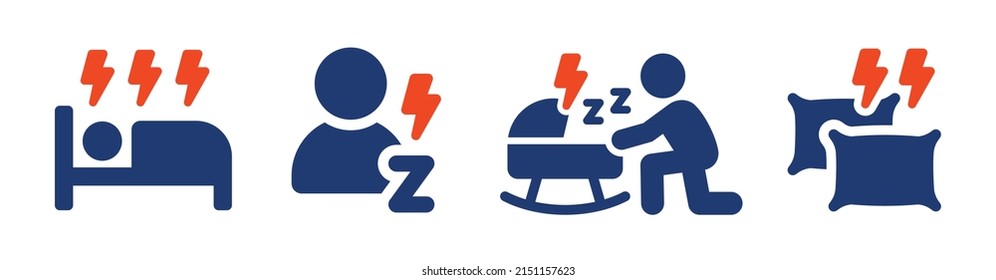 Person is suffering insomnia vector. Sleep disorder icon set isolated on white background.