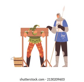 Person suffering in medieval torture device. Torturer executing humiliation, punishing fool in pillory. Physical punishment in Middle ages. Flat vector illustration isolated on white background