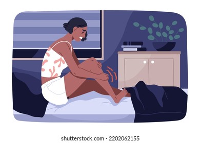 Person Suffering From Muscle Ache, Cramp At Night. Black Woman In Bed With Hurting Leg, Sudden Acute Pain, Spasm After Trauma. Girl With Strain, Sprain Of Painful Limb. Flat Vector Illustration