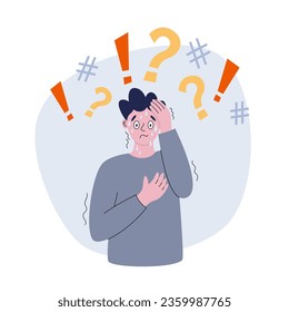 A person suffering from panic attack. Man in fear with headache, heart palpitations and tremor. Flat style vector illustration of mental disorder.