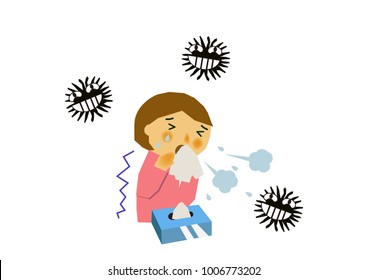 A person suffering from runny nose and sneezing.A cold, an image of the flu.Image of influenza or cold.Image of viral disease.
