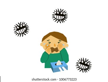 A person suffering from runny nose and sneezing.A cold, an image of the flu.Image of influenza or cold.Image of viral disease.
