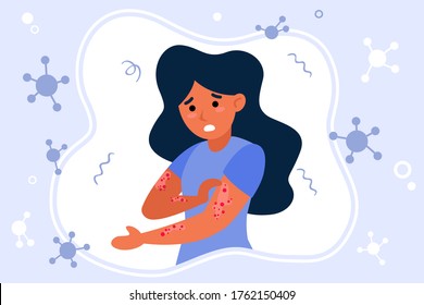 Person suffering from rush. Hives, fever, stress, chickenpox flat vector illustration. Illness, epidemics, virus concept for banner, website design or landing web page