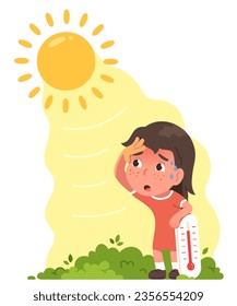 Person suffering from summer sun heat. Sad girl child sweating under hot sunlight, high temperature on thermometer. Heat stroke risk, health care, sunny weather concept flat vector illustration