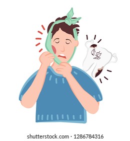 A person suffers from acute toothache and caries. Flux or inflammation in the gums and cheek. Cartoon evil tooth with bacteria. Vector illustration for dentistry