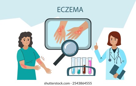 a pessoa sofre de eczema. Teste de psoríase, dermatite, dermatite atópica, neuro-dermatite e eczema cutâneo. Sintomas e razões infográfico.Vetor doodle mão desenhada ilustração plana