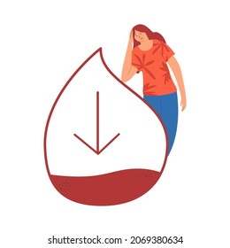 The Person Suffers From Hypoglycemia. Low Blood Sugar. The Woman Is Feeling Weak. Vector Illustration In Flat Style