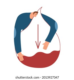 The Person Suffers From Hypoglycemia. A Man Hugs A Drop Of Blood With A Low Sugar Reading. The Concept Of Pre-diabetes Or Anemia. Vector Illustration In A Flat Style.