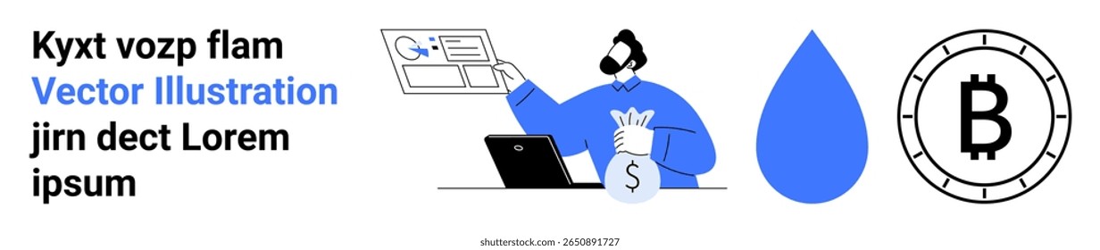 Pessoa de terno com gráfico, laptop e bolsa de dinheiro. Gota de água azul e elementos de moeda Bitcoin. Ideal para negócios, finanças, criptomoeda, economia, análise, recursos hídricos, tecnologia. Aterrissagem