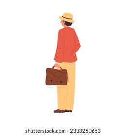 Persona con traje y sombrero con una bolsa, vista por detrás. Hombre de caricatura de pie con la espalda hacia nosotros. Ilustración vectorial aislada en fondo blanco.