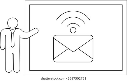 Persona en traje que apunta a la pantalla con el sobre bajo el símbolo del wifi