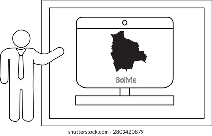 A person in a suit points to a computer screen displaying the map of Bolivia.