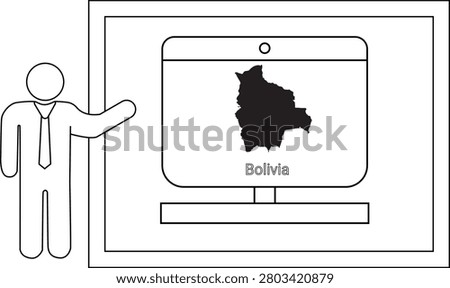 A person in a suit points to a computer screen displaying the map of Bolivia.