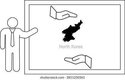 A person in a suit points to a map of North Korea on a whiteboard, with two hands reaching towards it.