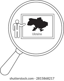 A person in a suit points to a map of Ukraine under a magnifying glass, symbolizing research or analysis.